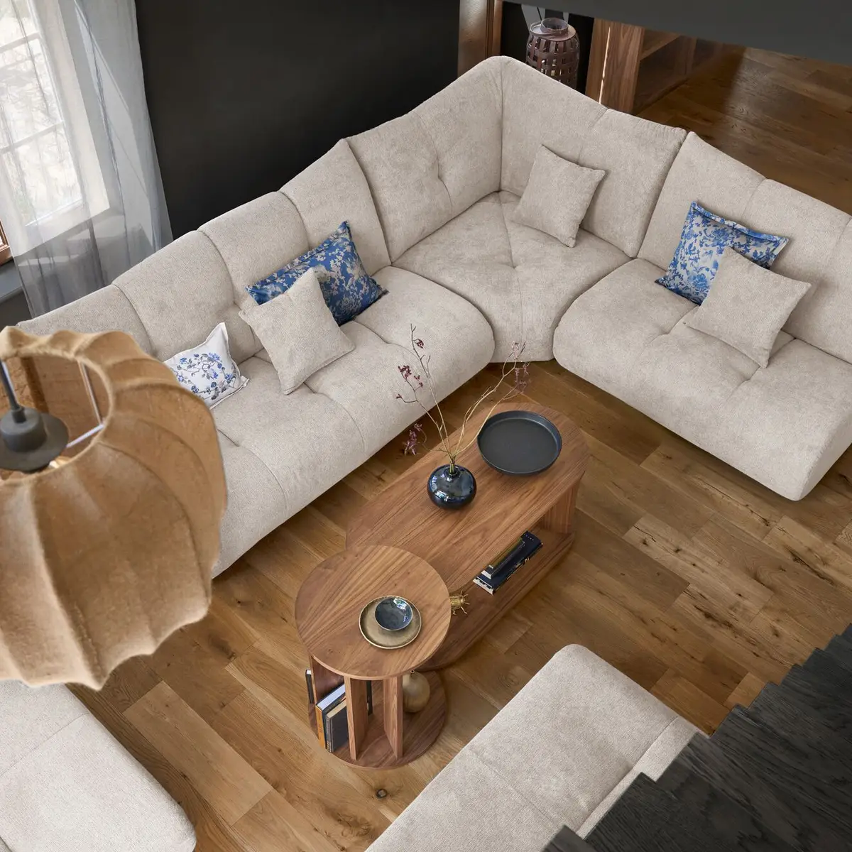 Canapé d'angle modulable tissu avec pouf Benny